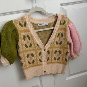 Zara Pink, Olive & Cream Floral Knit Cardigan
